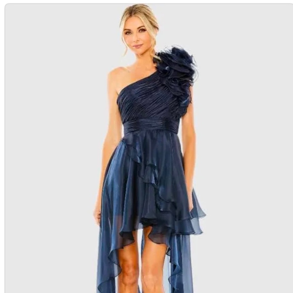 Ieena for Mac Duggal Women's One-Shoulder Rosette Ruffled High-Low